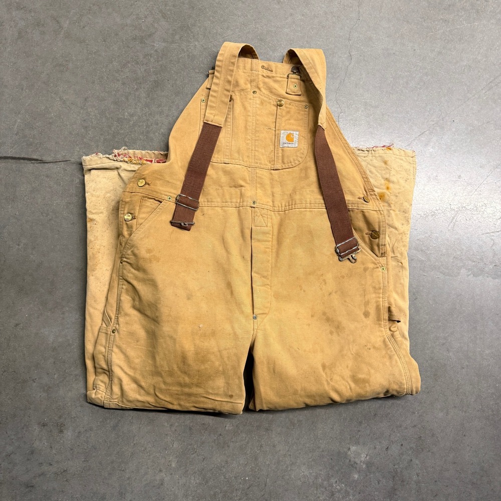 Carhartt Quilt Lined Duck Bib Overalls Brown Double Knee Distressed R02 BRN